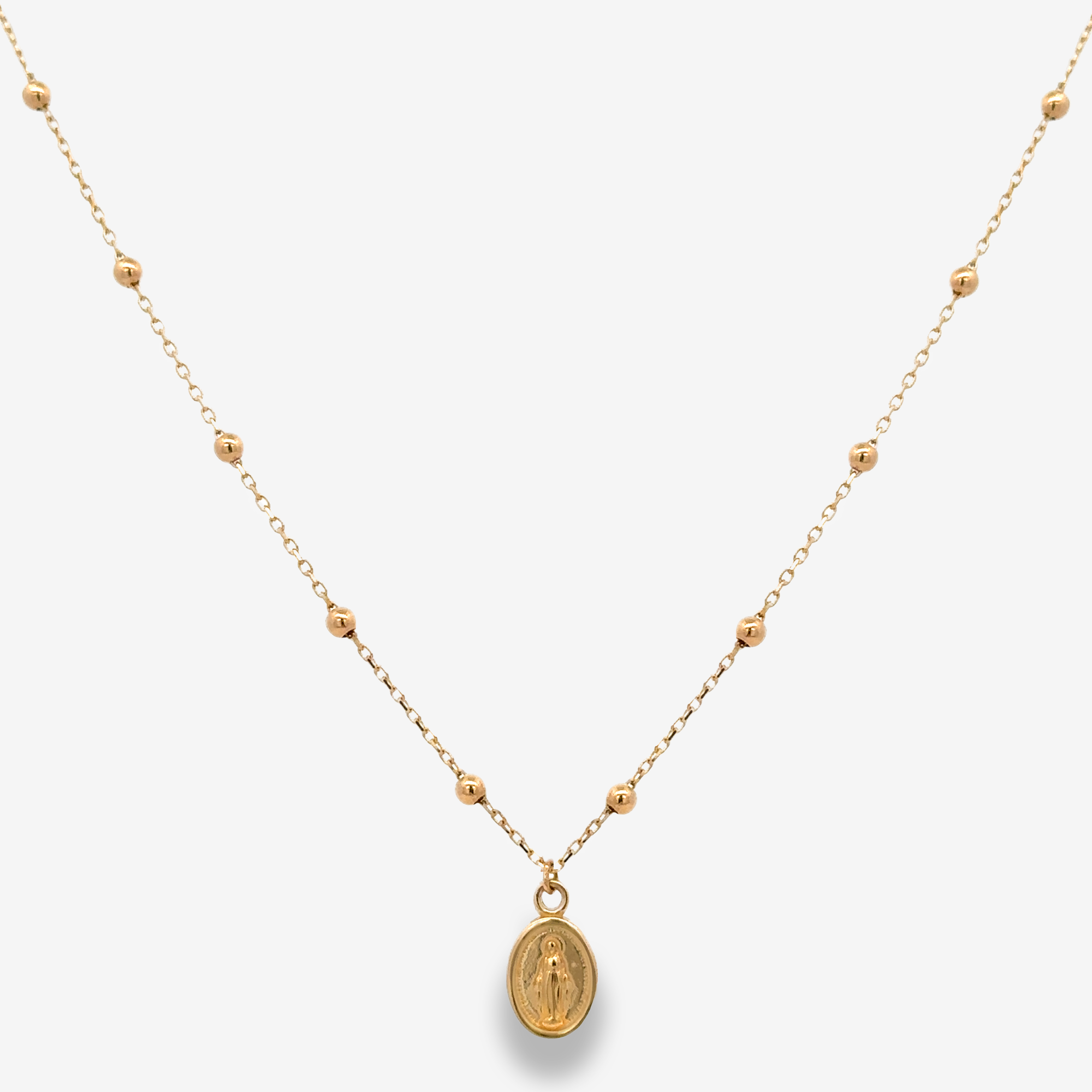 Virgin Mary and gold bead necklace