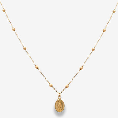 Virgin Mary and gold bead necklace