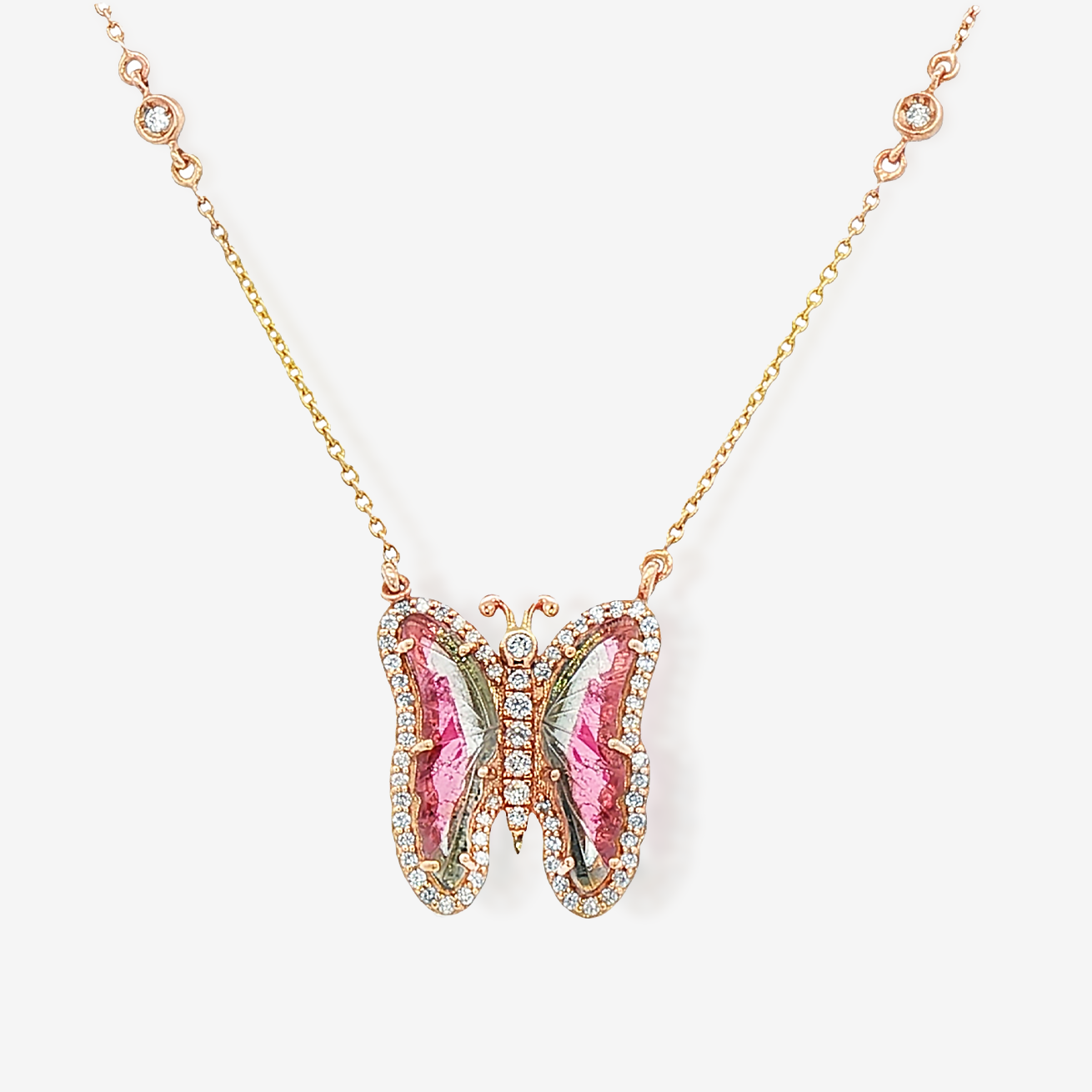 Watermelon Tourmaline & Diamond Butterfly Necklace