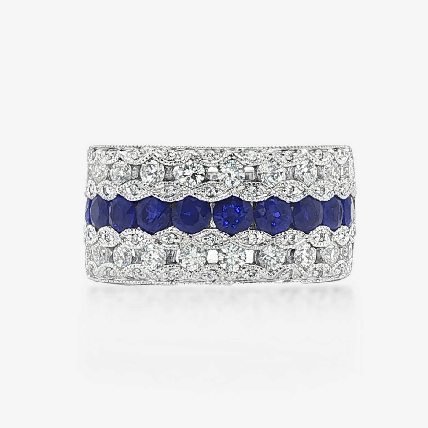 Wide 7 Layers Blue Sapphire & Diamond Ring