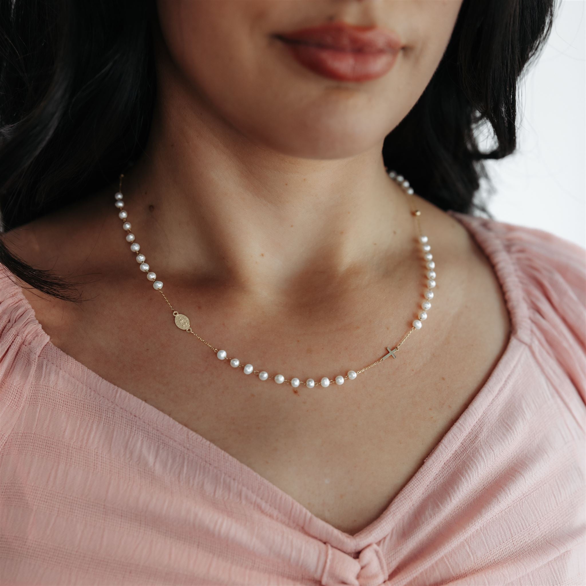 rosary style virgin mary and cross pearl necklace
