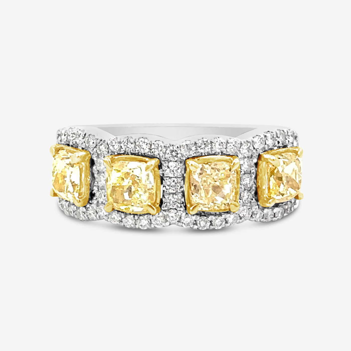 1.82ct Yellow Diamond Cushions & Halos Ring