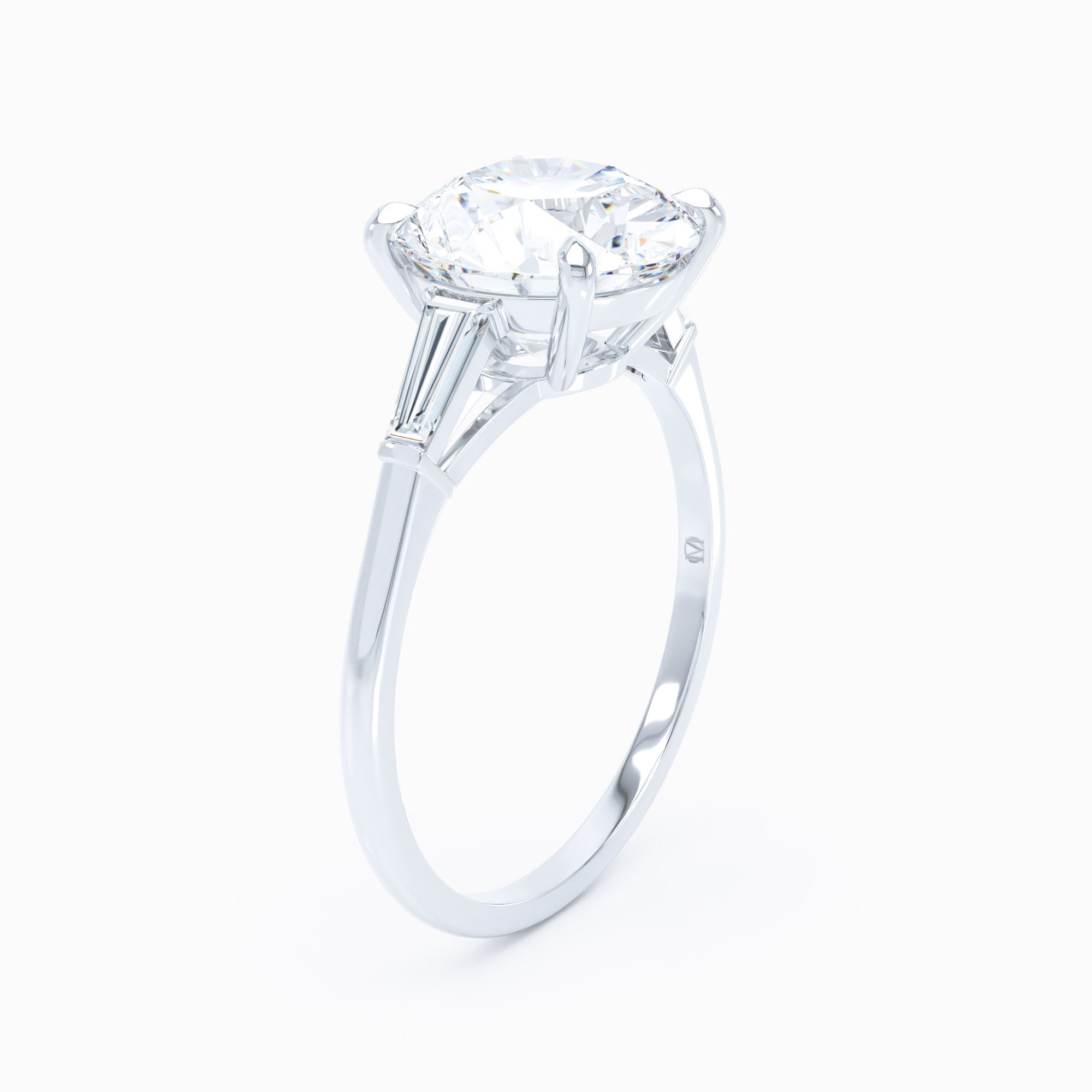 3 Stone Baguette Sides Round Engagement Ring